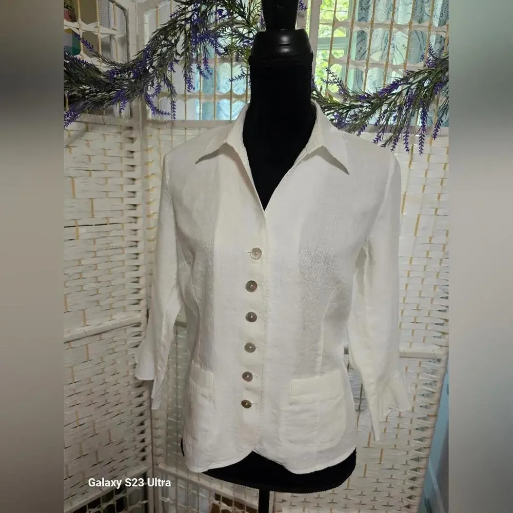 🧨 Talbots Ivory Irish Linen Ruffle Sleeve Button Down Blouse - Picture 2 of 11